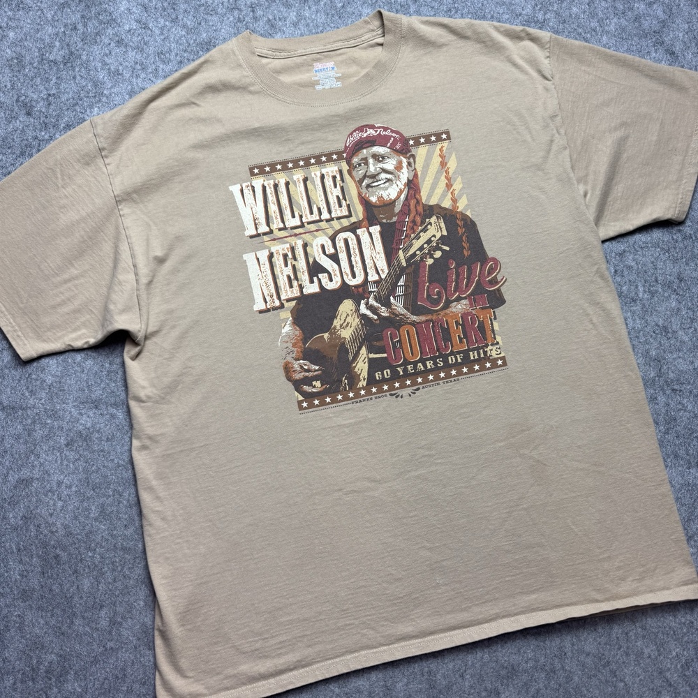 Rare Willie Nelson Shirt Mens 2XL Beige Hanes Live Concert Graphic Tee Country
